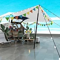 White Camping Tent With Colorful Pennant Flags Near Car And Beach Setup