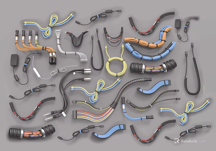 Assorted Colored Cables And Wires With Various Shapes Connectors And Coiled Designs 3d model 
