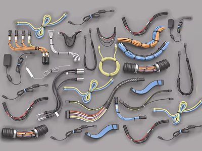 Assorted Colored Cables And Wires With Various Shapes Connectors And Coiled Designs 3d model