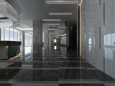 Spacious Modern Hotel Lobby With Marble Flooring Large Windows And Reception Desk 3d model