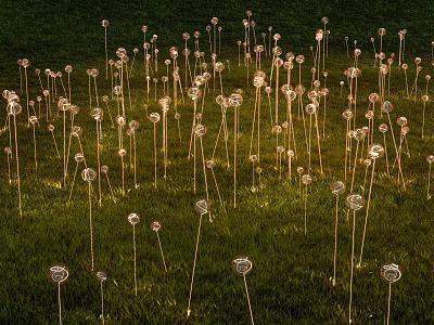Illuminated Garden Landscape With Decorative Metal Flowers In Green Grass Field 3d model
