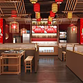 Traditional Chinese Hotpot Restaurant Interior With Red Decor Wooden Tables And Hanging Lanterns