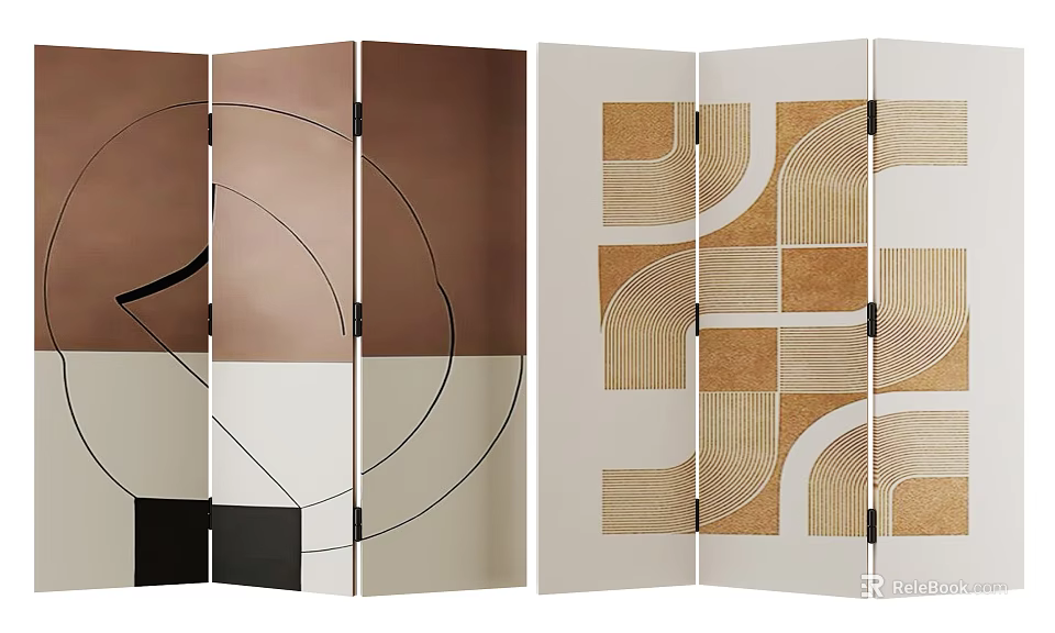 Modern Geometric Decorative Room Divider With Brown Beige And Gold Patterns And Black Lines 3d model 