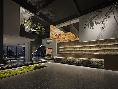 Modern Restaurant Interior Design With Natural Stone Decor Greenery And Art Lighting 3d model