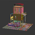 Cartoon Scene Featuring Two Story Building With Green Walls Red Roof And Red Truck