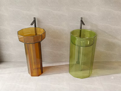 Transparent Column Shaped Brown And Green Pedestal Washbasins Against Light Colored Wall 3d model