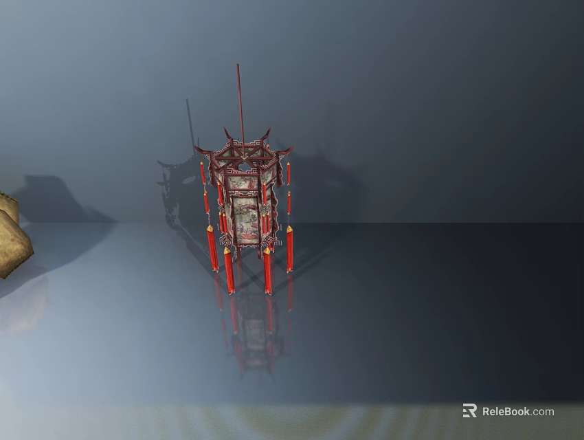 Traditional Red Lantern With Intricate Design And Decorative Tassels On Reflective Surface 3d model 