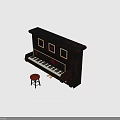 Vintage Wooden Piano With Playing Card Symbols Decor And Red Matching Stool