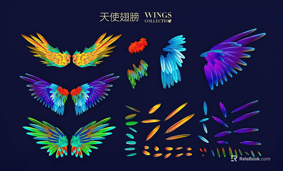 Colorful Angel Wings Wall Decor Collection With Feather Design Elements 3d model 