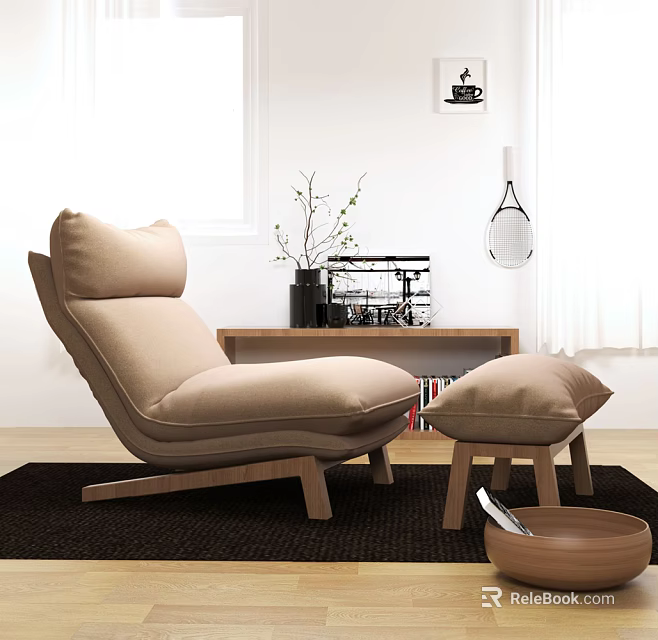 Modern Beige Lounge Chair With Wooden Legs Ottoman And Decor On Dark Rug 3d model 