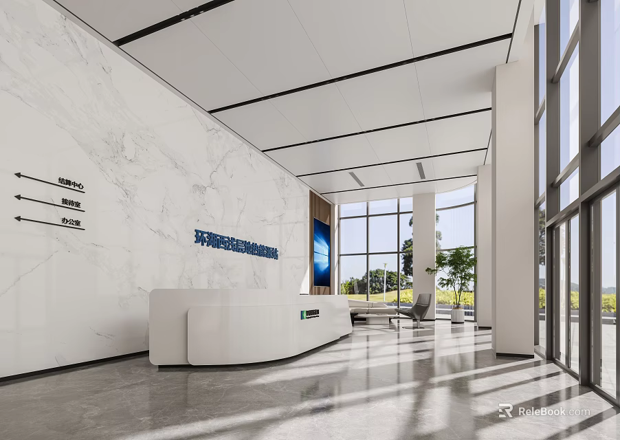 Modern Reception Area Interior With White Front Desk Marble Wall And Large Windows 3d model