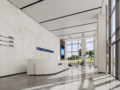 Modern Reception Area Interior With White Front Desk Marble Wall And Large Windows 3d model