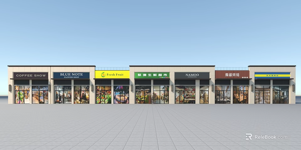 Commercial Retail Storefronts With Branded Signboards Glass Windows And Colorful Facades 3d model 