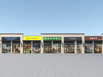 Commercial Retail Storefronts With Branded Signboards Glass Windows And Colorful Facades 3d model