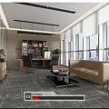 Modern Office Open Layout With Large Windows Sofa Desk Bookshelf And Carpet 3d model
