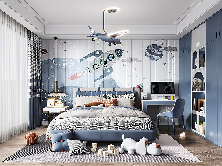 Space Themed Kids Room With Rocket Mural Bed Desk Blue Cabinets And Stuffed Toys 3d model 