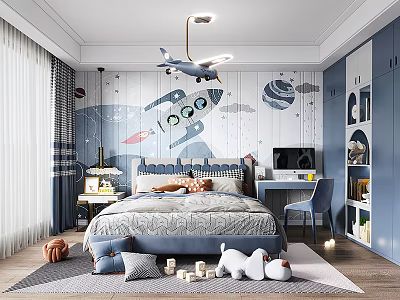 Space Themed Kids Room With Rocket Mural Bed Desk Blue Cabinets And Stuffed Toys 3d model