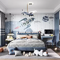 Space Themed Kids Room With Rocket Mural Bed Desk Blue Cabinets And Stuffed Toys