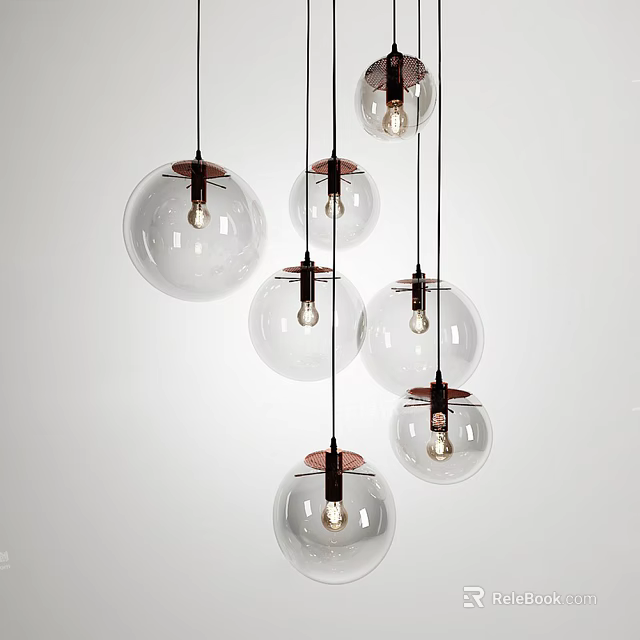 Multiple Transparent Glass Ball Pendant Lights With Copper Base Hanging Modern Design 3d model 
