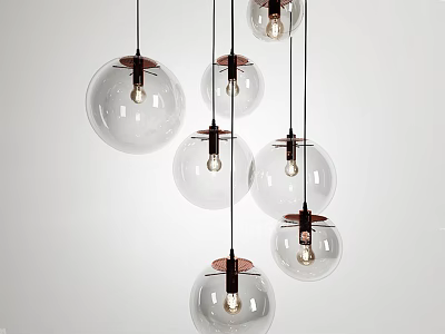 Multiple Transparent Glass Ball Pendant Lights With Copper Base Hanging Modern Design 3d model