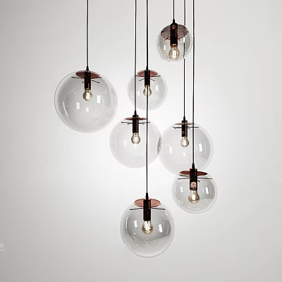 Multiple Transparent Glass Ball Pendant Lights With Copper Base Hanging Modern Design 3d model