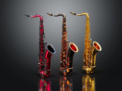 Red Black and Gold Saxophones with Shiny Reflective Surfaces on Dark Background 3d model