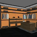 Modern Wardrobe Room With Wooden Cabinets Clothing Racks Display Shelves And Lighting