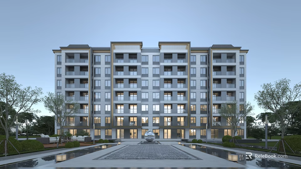 Modern High Rise Residential Building Exterior With Landscaped Courtyard And Water Features 3d model 