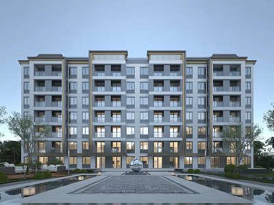 Modern High Rise Residential Building Exterior With Landscaped Courtyard And Water Features 3d model
