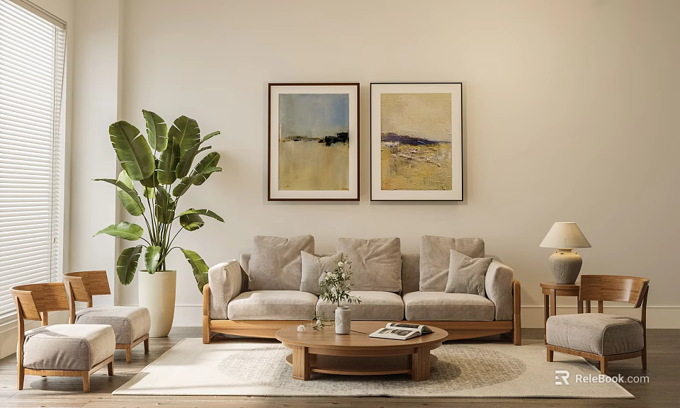 Light Beige Sofa And Wooden Coffee Table With Green Plant Paintings Table Lamp And Rug 3d model 