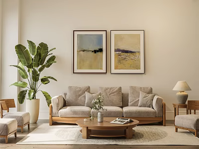 Light Beige Sofa And Wooden Coffee Table With Green Plant Paintings Table Lamp And Rug 3d model
