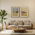 Light Beige Sofa And Wooden Coffee Table With Green Plant Paintings Table Lamp And Rug