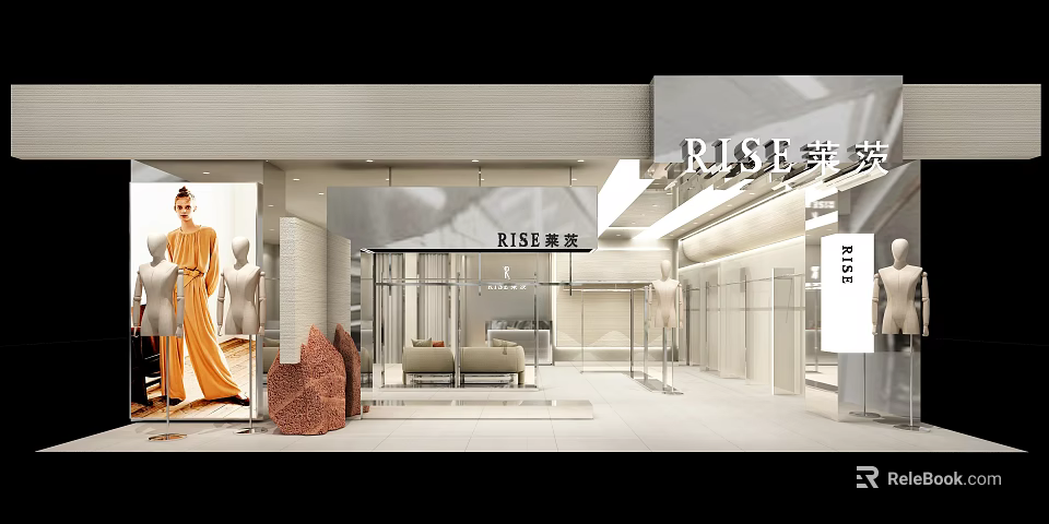 Modern Minimalist Clothing Store Interior With Mannequin Displays Sofa And Clothing Racks 3d model 