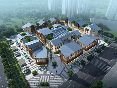 Scenic Commercial Street With Blue Roofs Green Trees Pedestrian Areas And Parking Lots 3d model