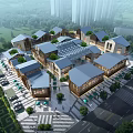 Scenic Commercial Street With Blue Roofs Green Trees Pedestrian Areas And Parking Lots