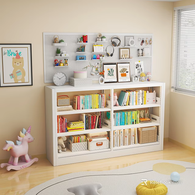 White Kids Bookshelf With Colorful Books Storage Boxes And Wall Pegboard Decorations 3d model 