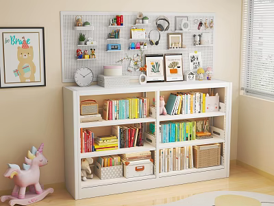 White Kids Bookshelf With Colorful Books Storage Boxes And Wall Pegboard Decorations 3d model