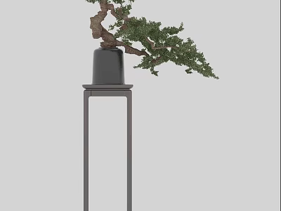Artistic Bonsai Potted Plant With Curved Trunk And Green Foliage On Black Pot Metal Stand 3d model