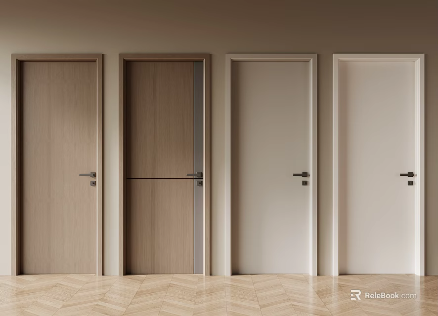 Light Wood and White Hinged Doors with Herringbone Floor in Light Brown Wall Interior 3d model 