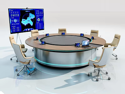 Round Modern Conference Table with Laptops and Chairs and Large Screen 3d model