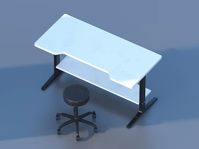 Modern Office Desk With White Desktop Black Frame And Rolling Stool 3d model