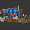 Colorful Food Stall With Blue Striped Awning Star Decorations And Wooden Crates For Fresh Snacks