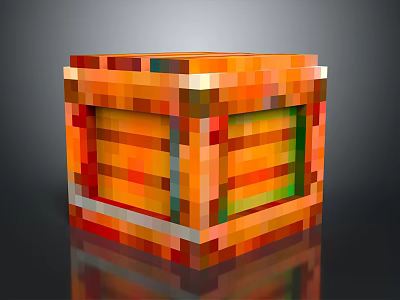 Colorful Pixelated Wooden Box With Vibrant Planks And Reflective Surface On Dark Background 3d model