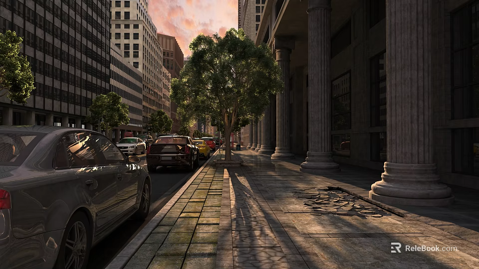 Bustling Commercial Street With Tall Buildings Shady Trees Parked Cars And Stone Sidewalk 3d model 