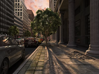 Bustling Commercial Street With Tall Buildings Shady Trees Parked Cars And Stone Sidewalk 3d model