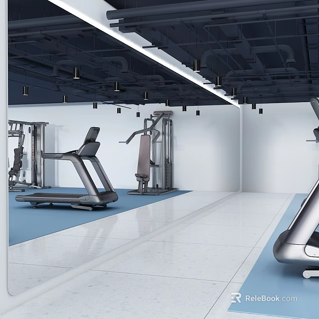 Modern Fitness Gym With Treadmill And Workout Equipment On Blue Flooring 3d model 