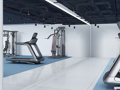 Modern Fitness Gym With Treadmill And Workout Equipment On Blue Flooring 3d model