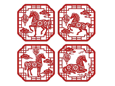 Traditional Chinese Red Octagonal Paper Cut Wall Decor with Horse Lanterns and Clouds 3d model
