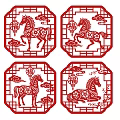 Traditional Chinese Red Octagonal Paper Cut Wall Decor with Horse Lanterns and Clouds