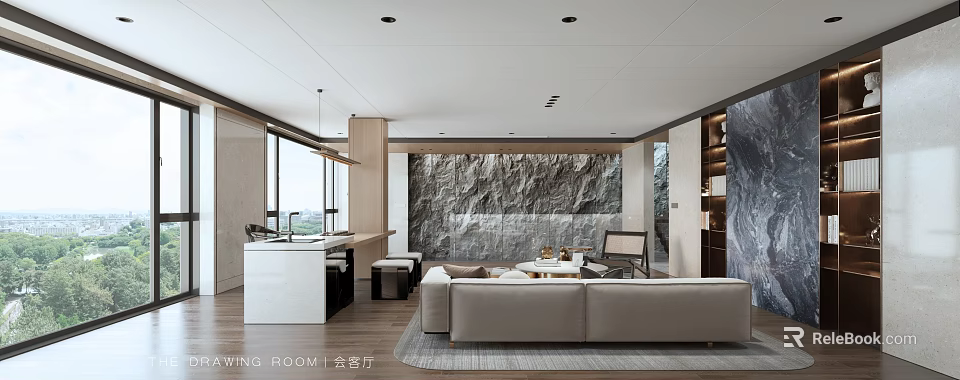 Modern Living Room Interior With Stone Feature Wall And Sofa 3d model